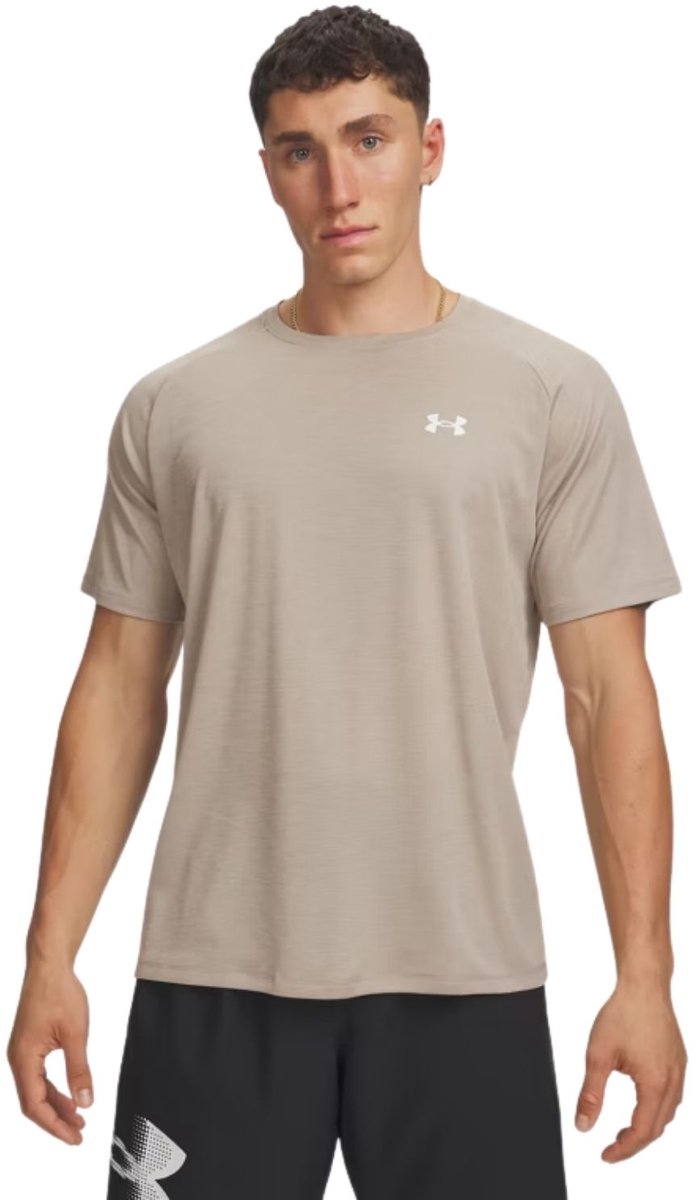 Under Armour UA Tech Textured SS-BRN Herren-Sportshirt – Timberwolf Taupe – Schwarz