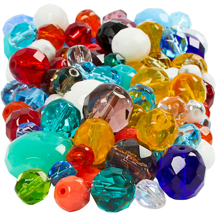 Facettierte Glasperlen der Firma Creativ, Größe 3-15 mm, Lochgröße 0,5-1,5 mm, ca. 450 Stück, verschiedene Farben, 400 g 1 Karton