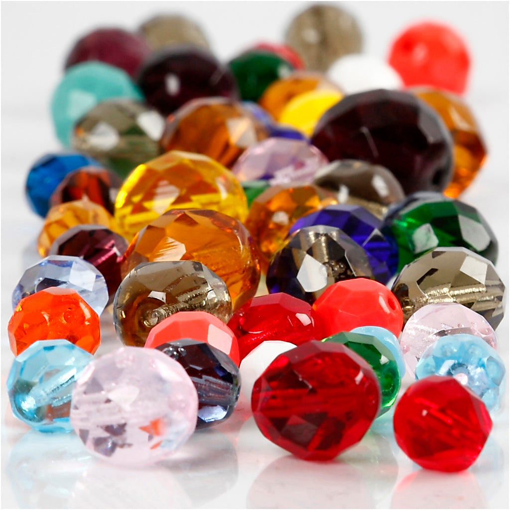 Facettierte Glasperlen der Firma Creativ, Größe 3-15 mm, Lochgröße 0,5-1,5 mm, ca. 450 Stück, verschiedene Farben, 400 g 1 Karton