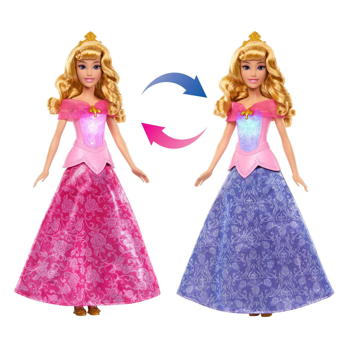Das rosa Kleid der Disney-Prinzessin Aurora von Mattel wird zur blauen Modepuppe