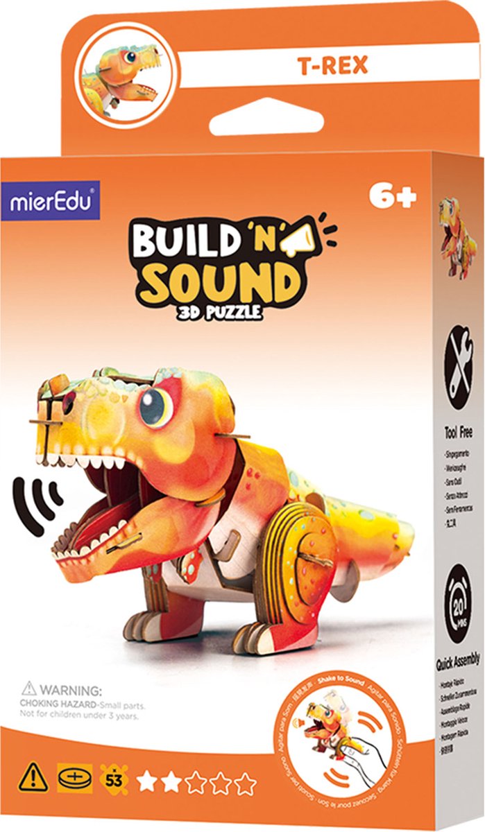 Mieredu 3D-Puzzle-Build-Sound: Dino Tyrannosaurus Rex 15,6 x 6,8 x 8,16 cm, mit Sound, funktioniert mit 1 Knopfzelle CR2032 (im Lieferumfang enthalten), in Box 10,8 x 3,5 x 19,4 cm, 6+