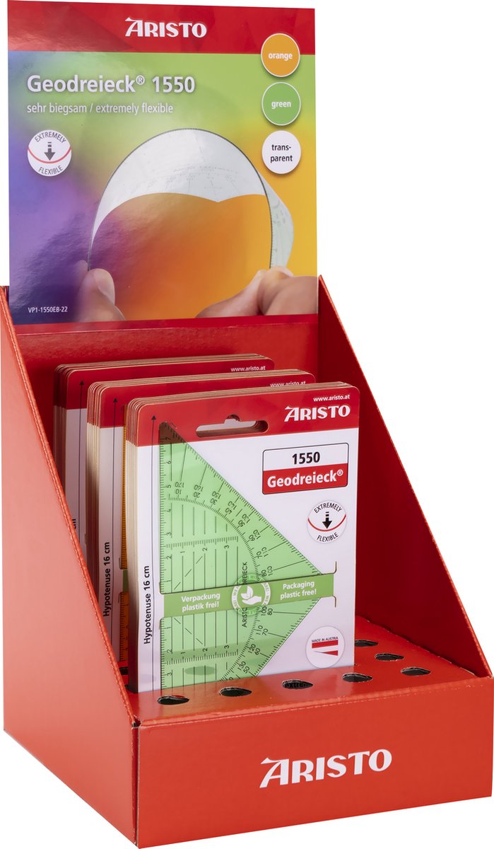 Aristo Geodreieck – Maßstab 14 cm – Display mit 30 Teilen – 3 verschiedene Farben – ar-vd1550eb