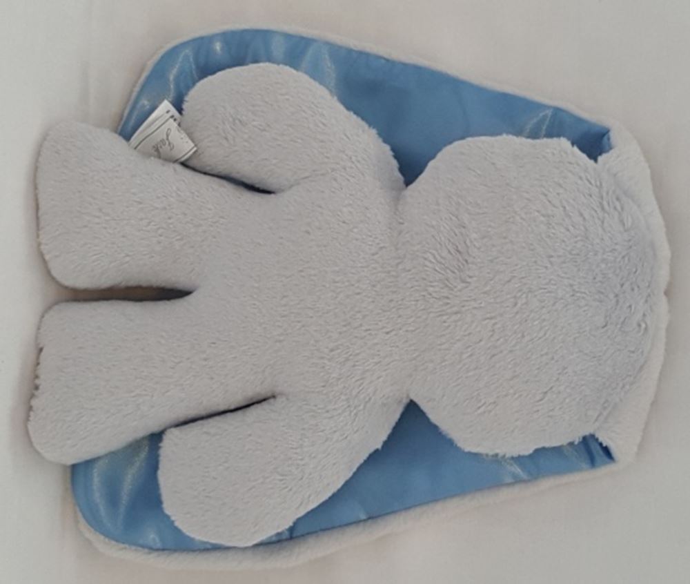 Kuschelhase grau mit blauen Ohren. 26