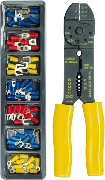 Blascrimpzangen-Set mit Abisolierzange – inklusive isolierter Kabelschuhe – 190 mm – PVC CS – AWG 22–8