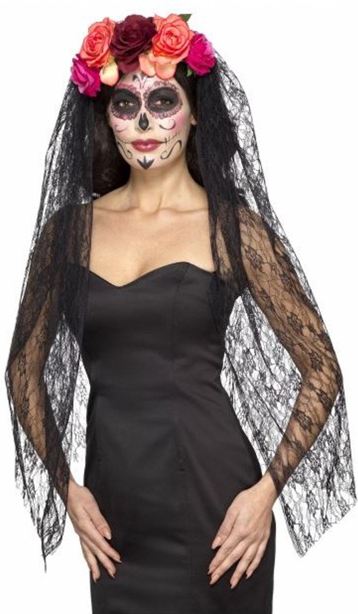 Smiffys Day of the Dead Stirnband – mit Blumen und Schleier – Halloween – Horror – Diadem
