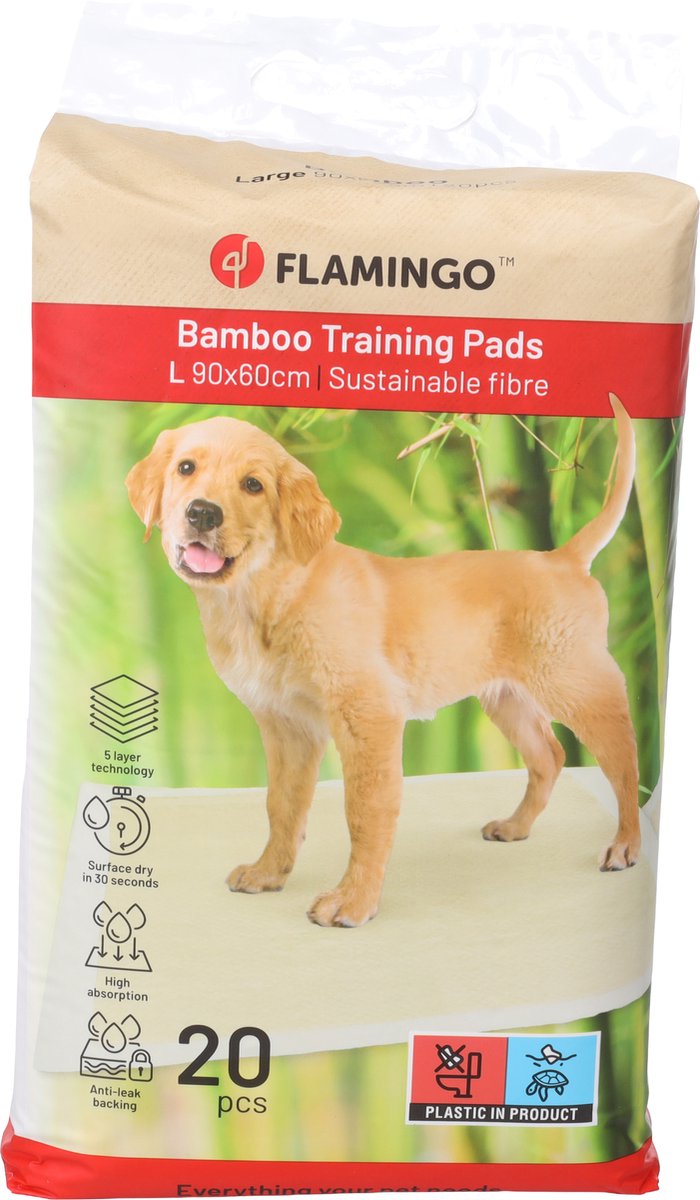 Flamingo-Welpenunterlagen – Trainingsmatte Bambus Padu Beige L – 90 x 60 cm – 20 Stück – Bambus-Toiletten-Trainingsmatte für Welpen Hunde – super saugfähig, schnell trocknend