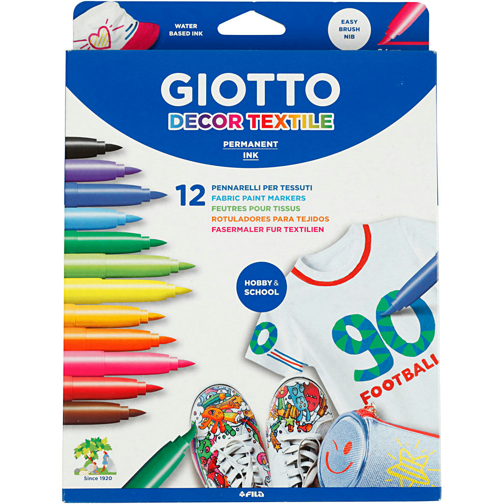 Giotto Textilmarker, Strichstärke 4 mm, verschiedene Farben, 12 Stück, 1 Box