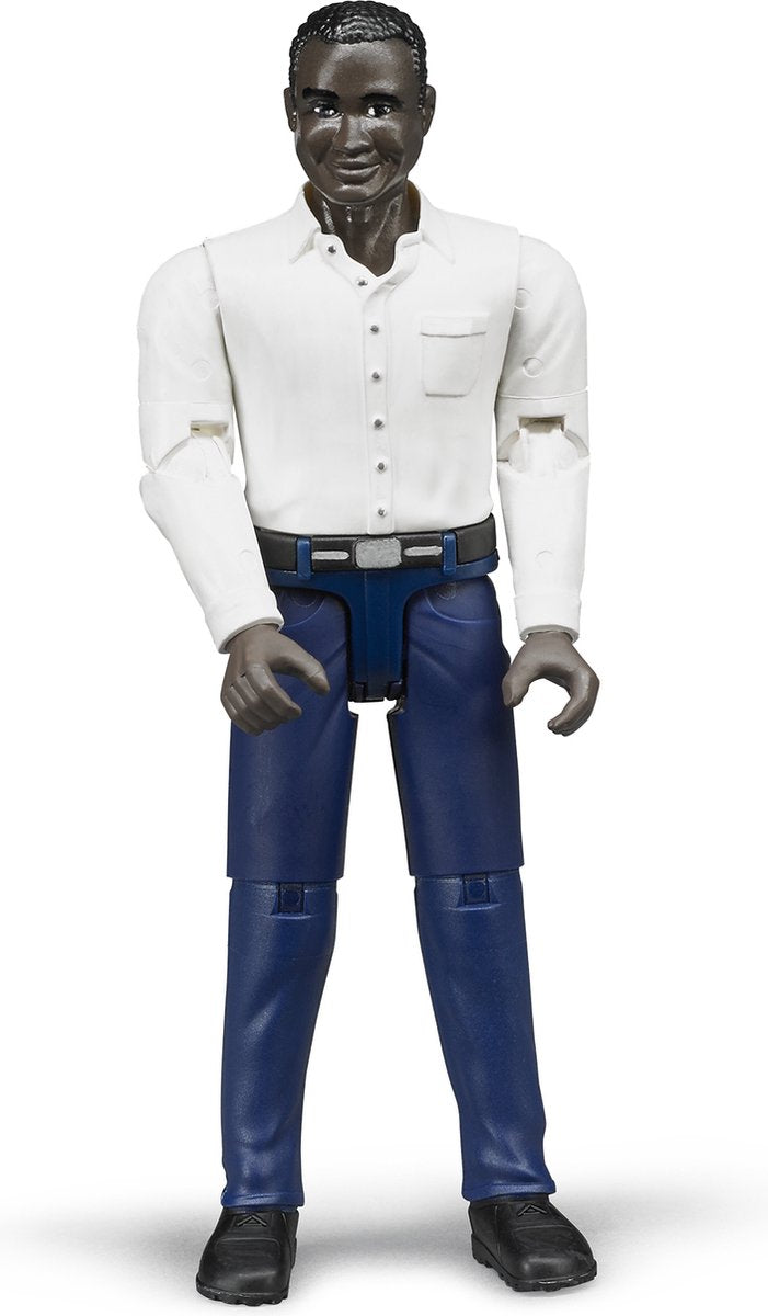 Bruder spielt Figur dunkler Mann mit blauer Hose