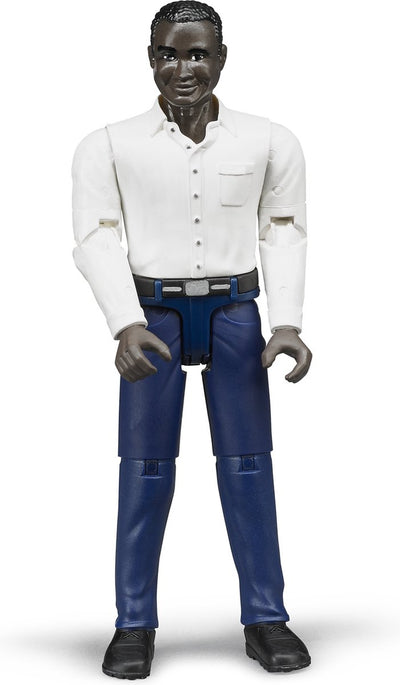 Bruder spielt Figur dunkler Mann mit blauer Hose