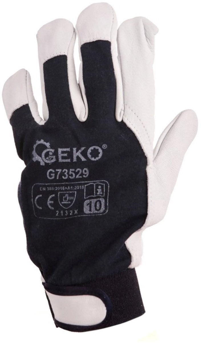 Geko-Arbeitshandschuhe aus Leder – Klettverschluss – Größe 10 – Blau und Weiß – EN388-Schutz – 12 Stück