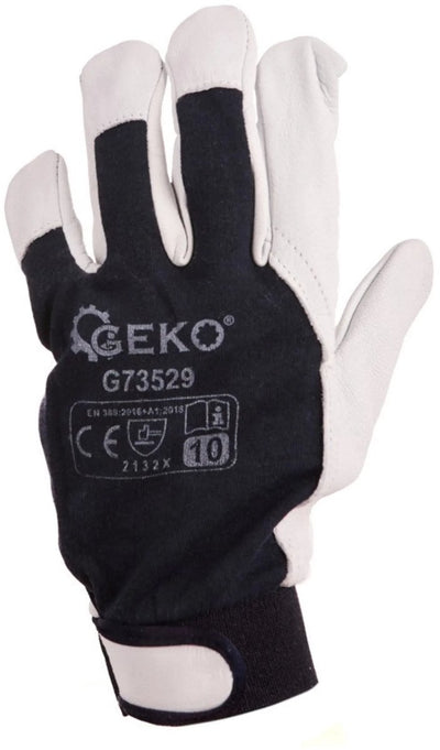 Geko-Arbeitshandschuhe aus Leder – Klettverschluss – Größe 10 – Blau und Weiß – EN388-Schutz – 12 Stück