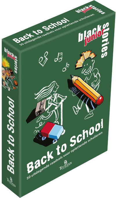 Tuckers lustiges Fabrikspiel „Black Stories Junior Back to School“-Kartenspiel.