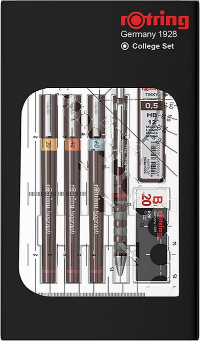 Rotring Isograph-Stiftset, technischer Stift und Druckbleistift, College-Set | 3 Fineliner (0,2 mm, 0,4 mm, 0,6 mm) und Druckbleistift (0,5 mm) plus Zubehör | 9 Stück