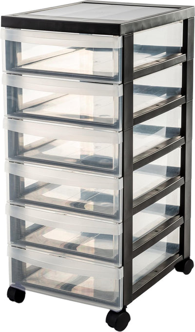 Iris Design Kommode – 6 flache Schubladen – 6 x 7,5 l – Kunststoff – schwarz transparent – mit Rollen