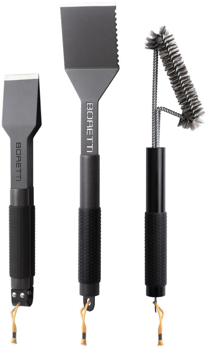 Boretti – Barilo 3-teiliges Grillset – Bürste – Zange kompakt – Pfannenwender – Anti-Rutsch-Griffe – Aufhängeösen