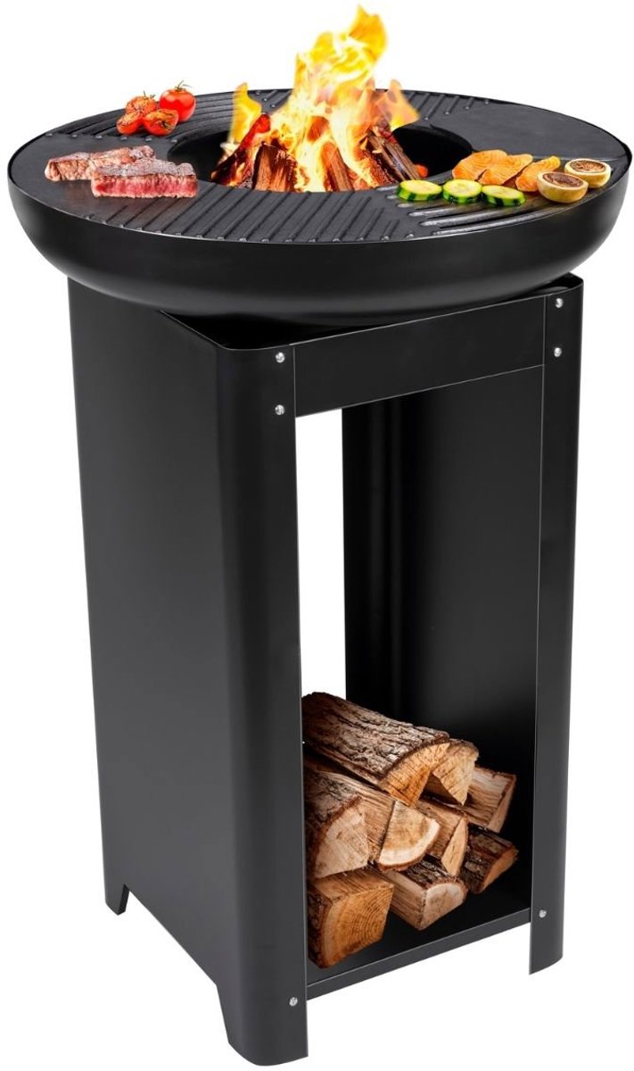 Alpina 3-in-1 Feuerkorb und Grillplatte – Gartenkamin 61 x 90 cm – mit Teppanyaki-Backblech – Plancha-Grill mit Brennholzaufbewahrung – Outdoor-Feuerkorb – Metall