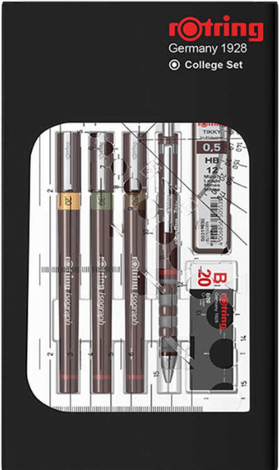 Rotring Isograph-Stiftset, technischer Stift und Druckbleistift, College-Set | 3 Stifte (0,2 mm, 0,3 mm, 0,5 mm) und Druckbleistift (0,5 mm) plus Zubehör | 9 Stück