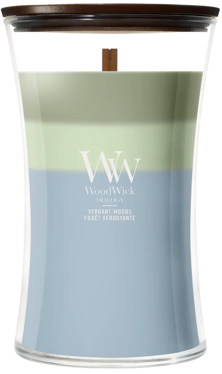Woodwick Sanduhr – Trilogy Verdant Woods – große Duftkerze – 130 Brennstunden