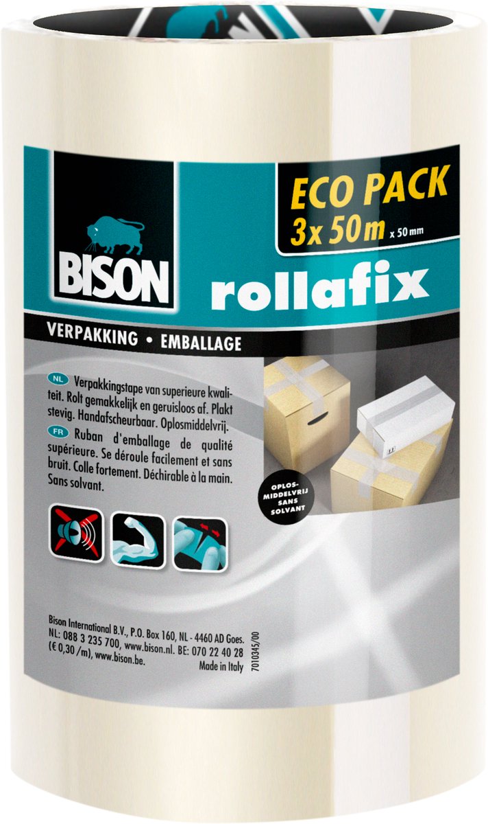 Bison 3 Rollen Rollafix Verpackungsband transparent Vorteilspack 50 Meter x 5 cm, von Hand abreißbar, starkes Verpackungsband