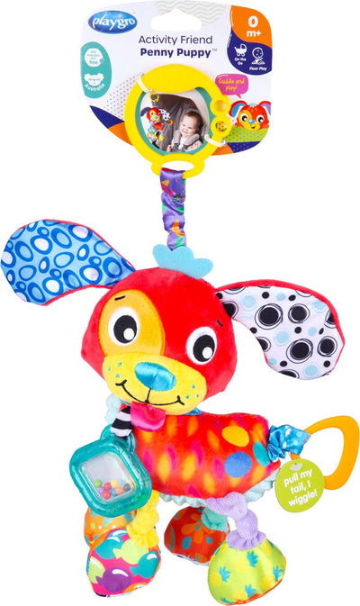 Playgro Aktivitätsfreund Penny Welpe – Babyspielzeug – Hängespielzeug – Kinderwagenspielzeug – Rassel – Kinderwagenzubehör – Buggy-Zubehör – Lernspielzeug – Stofftier