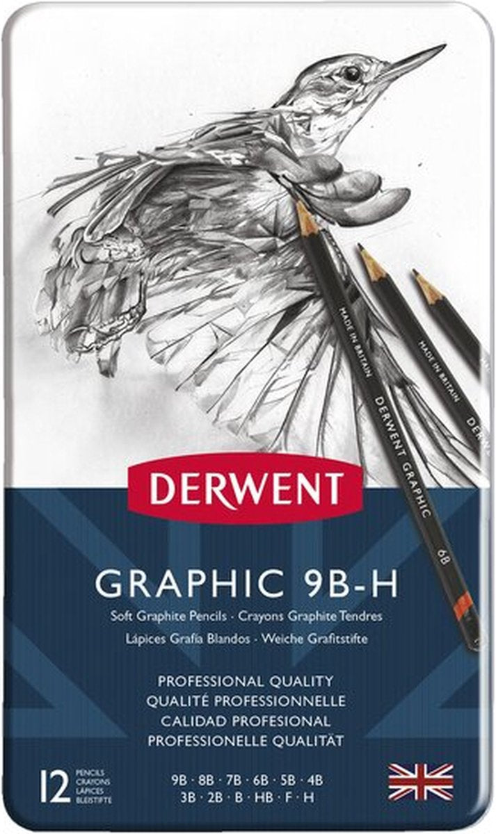 Derwent Graphic Soft Pencil Set in einer Dose – Graphitstifte in 12 Härten – 12 Stück