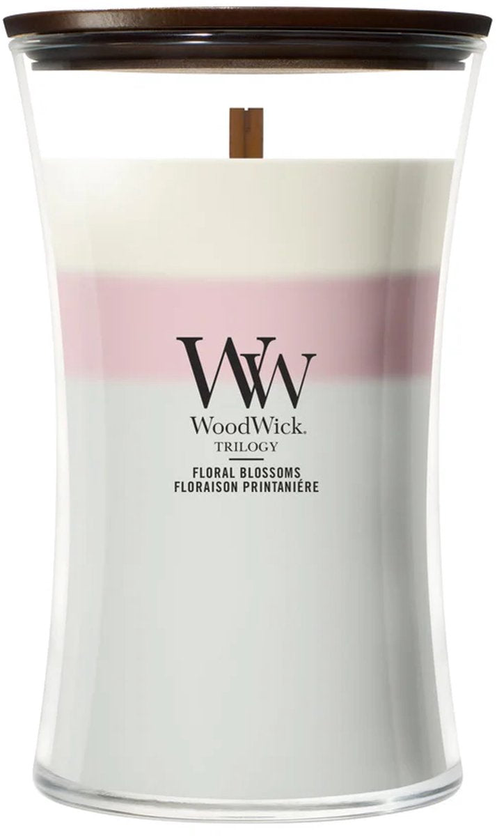 Woodwick Sanduhr – Trilogie Blumenblüten – große Duftkerze – 130 Brennstunden