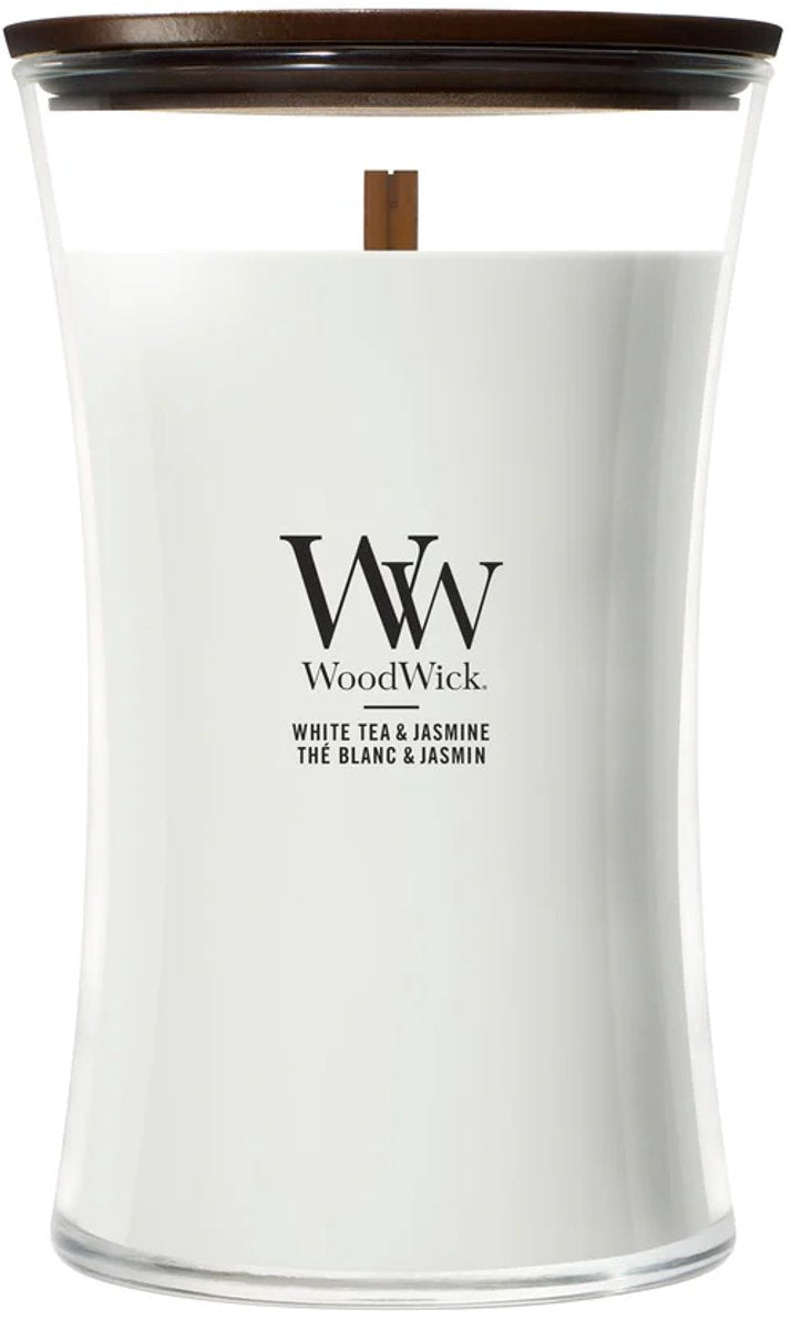 Große Sanduhr-Duftkerze von Woodwick – Weißer Tee-Jasmin – 130 Brennstunden