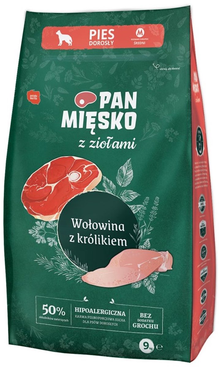 Pan mięsko – Trockenfutter für Hunde mit Kräutern – Rindkaninchen – mittlere Rassen M – 9 kg – natürlich getreidefrei