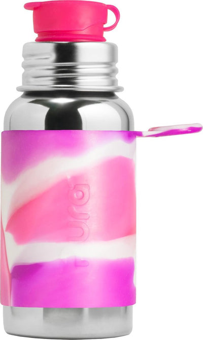 Pura Sportflasche 550 ml – Trinkflasche – Trinkflasche – plastikfrei – rostet nicht – spülmaschinenfest – inklusive Sporthülle und Sportkappe – Oberteil austauschbar – vielseitig einsetzbar – rosafarbener Wirbel