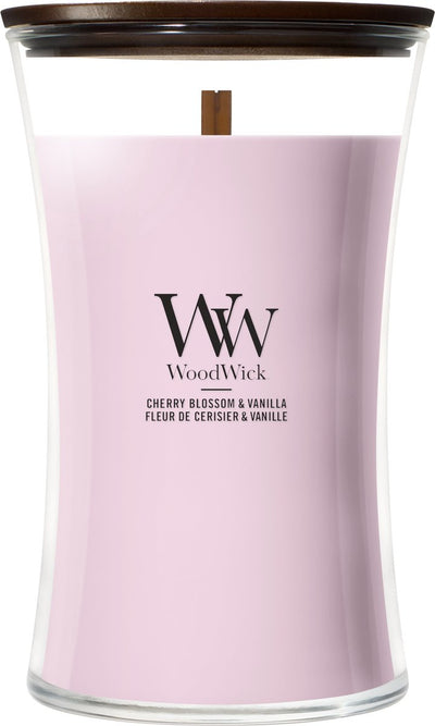 Woodwick Sanduhr – Kirschblüten-Vanille – große Duftkerze – 130 Brennstunden