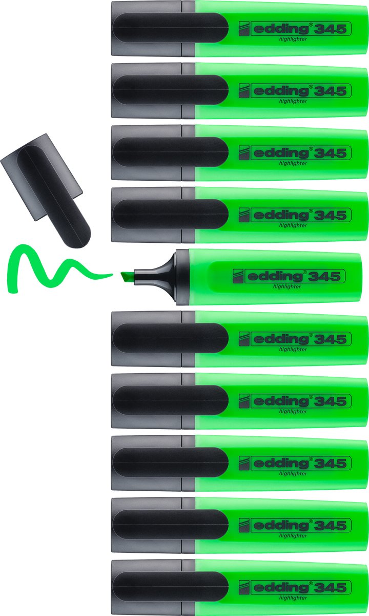 Textmarker Edding 345 - hellgrün - 10 Textmarker - Keilspitze 2-5 mm - ideal zum hellen Hervorheben und Hervorheben von Textfragmenten und Notizen