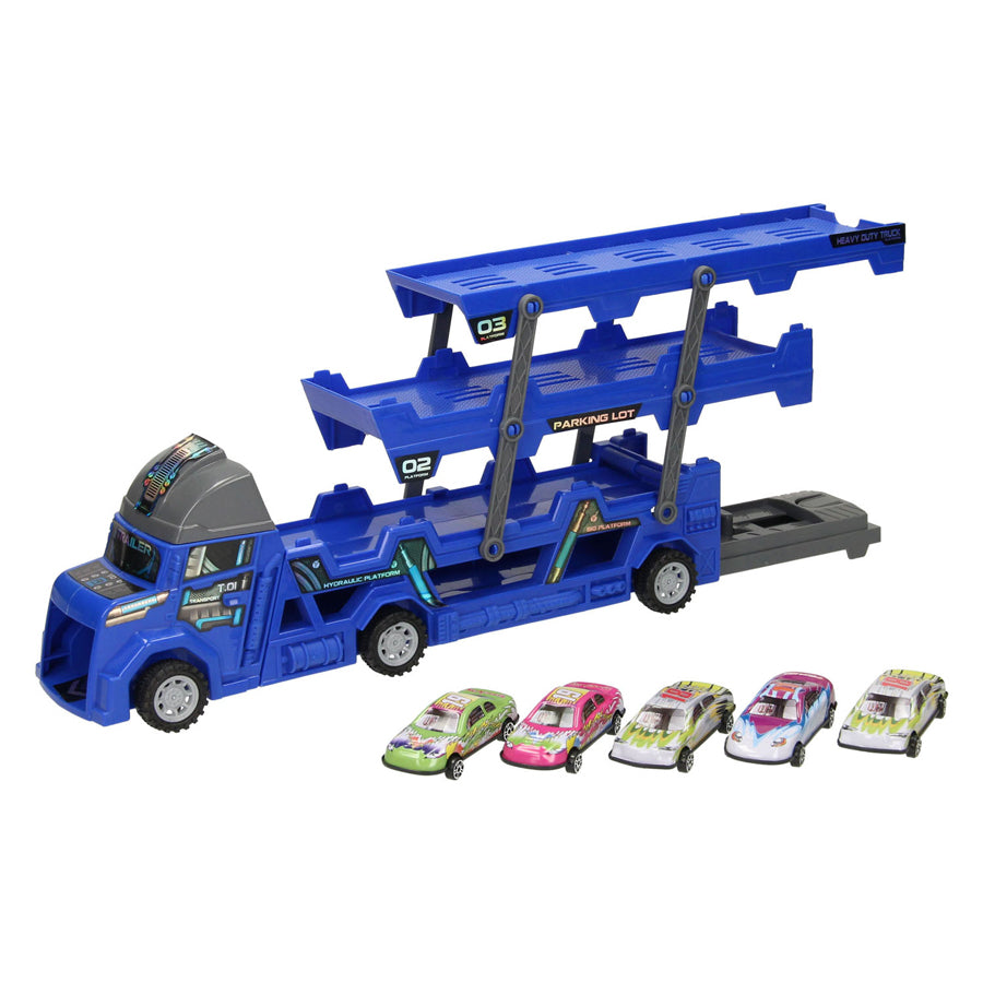 Ausklappbarer Autotransporter mit Schussfunktion – blau