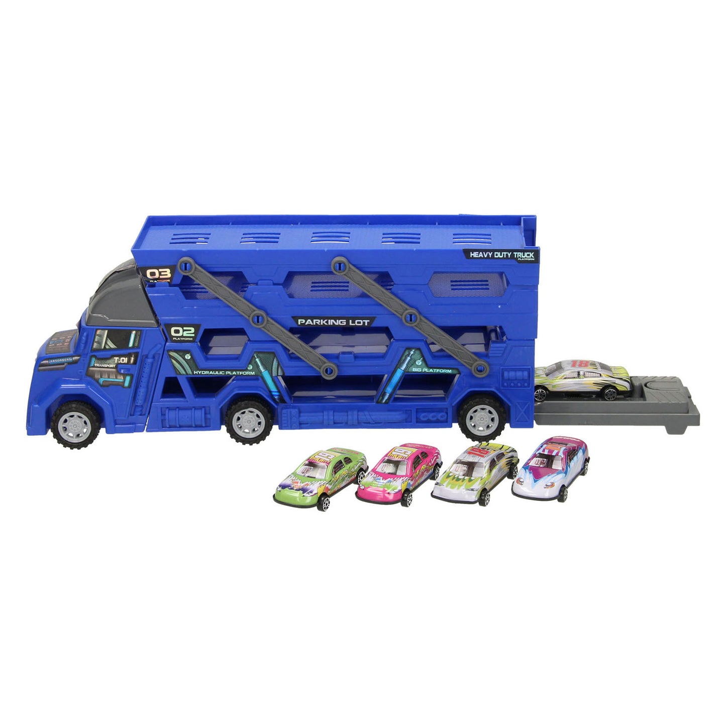 Ausklappbarer Autotransporter mit Schussfunktion – blau