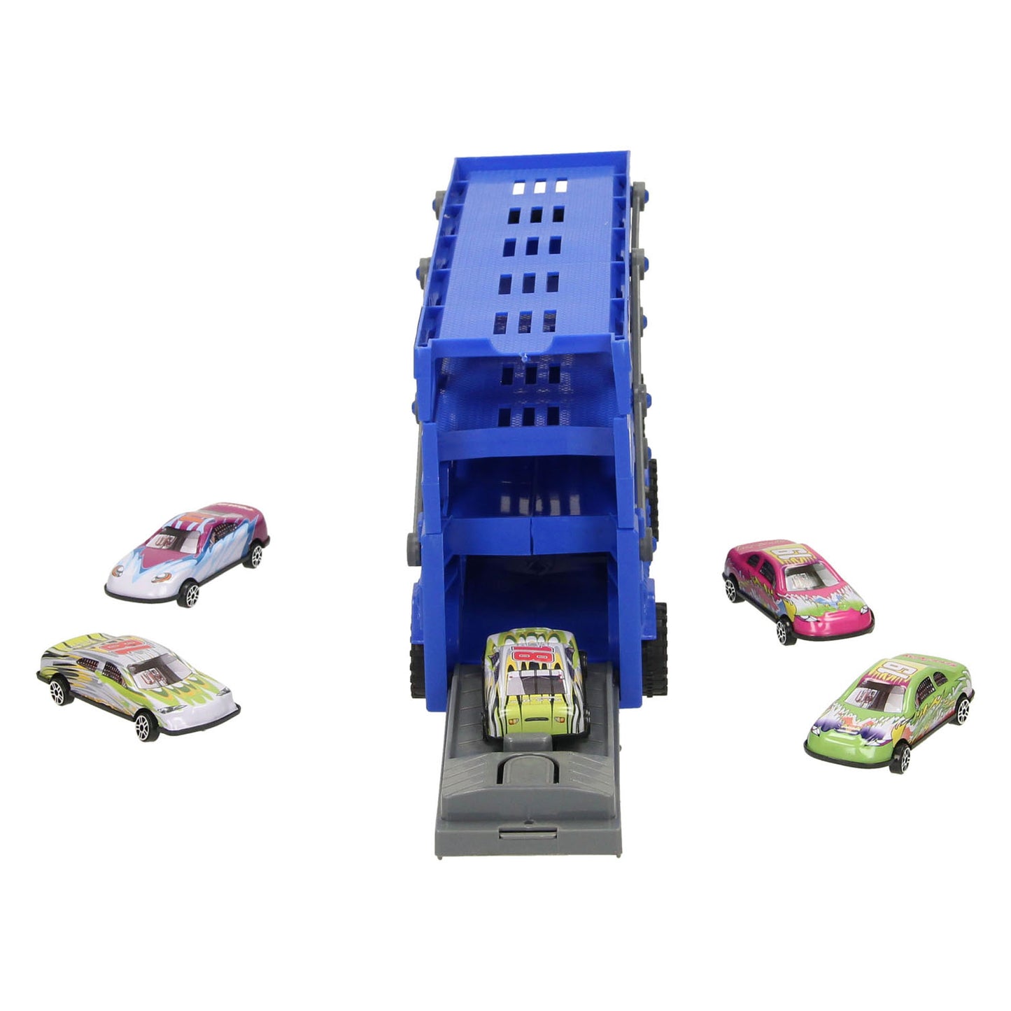 Ausklappbarer Autotransporter mit Schussfunktion – blau