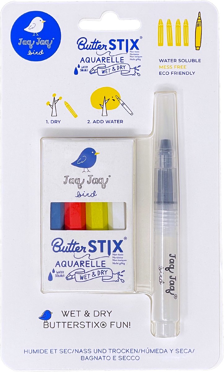 Jaq Jaq Vogel-Aquarell-Pinselstift und Butterstix-Buntstifte.