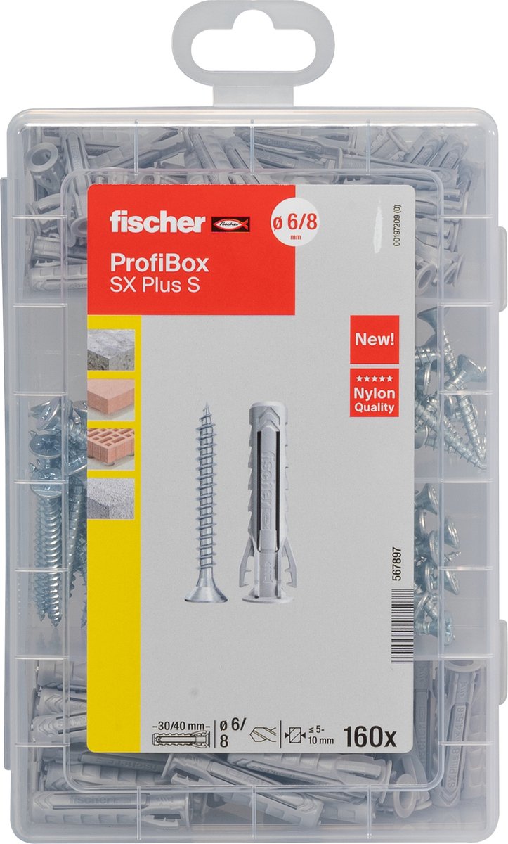 Fischer Profibox – Stecker SX Plus 6, 8 und 10 mit Schrauben | 210 Stück in stabiler Aufbewahrungsbox