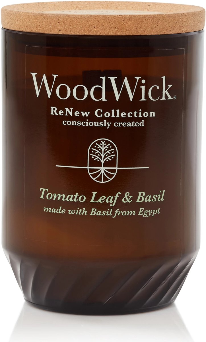 Woodwick Renew mittelgroße Duftkerze mit Tomatenblatt-Basilikum – 55 Brennstunden