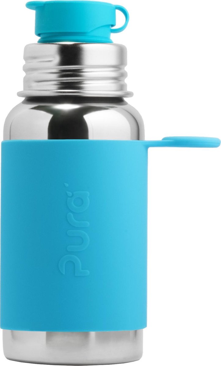 Pura Sportflasche 550 ml – Trinkflasche – Wasserflasche – plastikfrei – rostet nicht – spülmaschinenfest – inklusive Sporthülle und Sportkappe – Oberteil ist austauschbar – vielseitig einsetzbar – Aqua