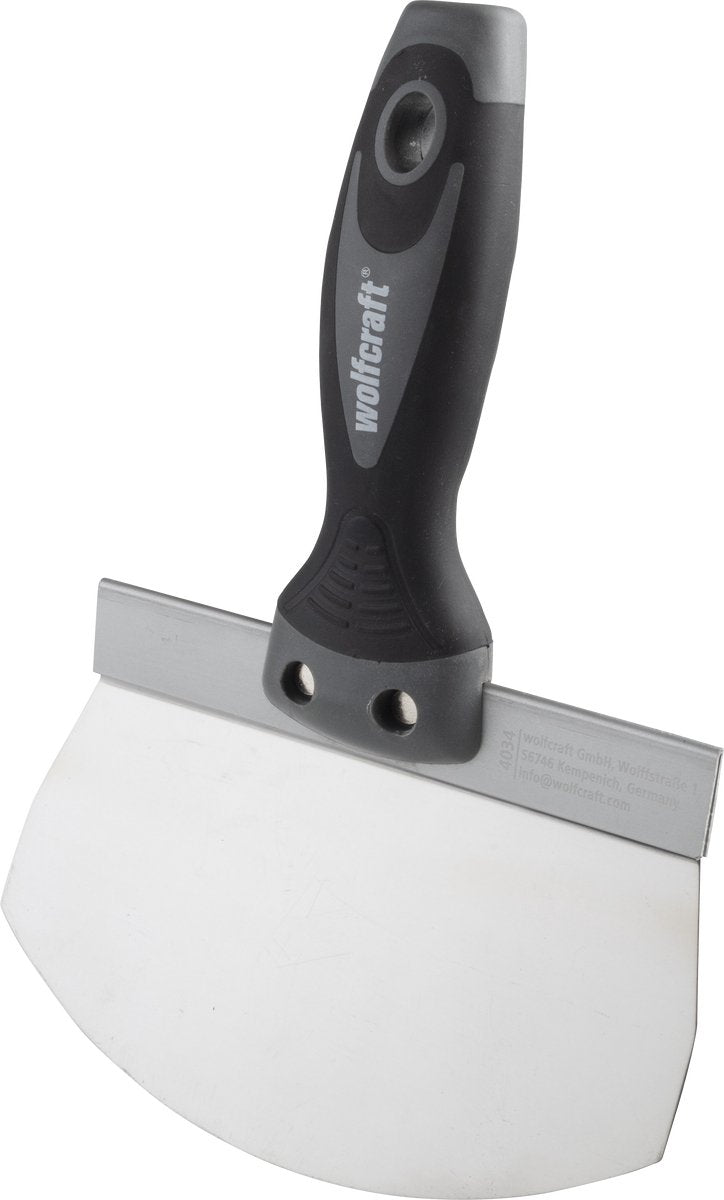 Wolfcraft – Rundkelle – Edelstahl-Wannenspachtel – Eimer mit Mörtel, Stuck-Wannenspachtel – 4034000