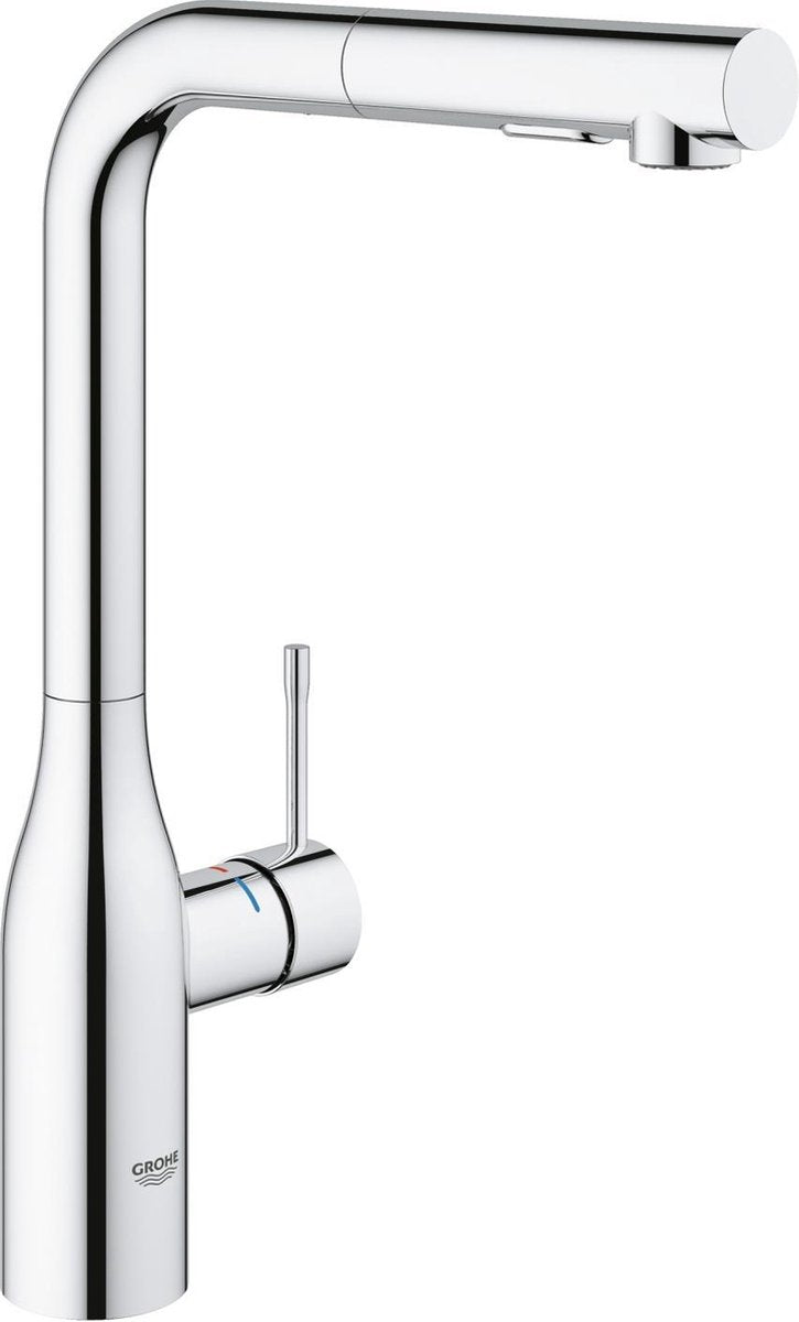 Grohe Essence Küchenarmatur – hoher Auslauf – 360°-Schwenkbereich – mit ausziehbarer Handbrause und 2 Strahlarten – Chrom