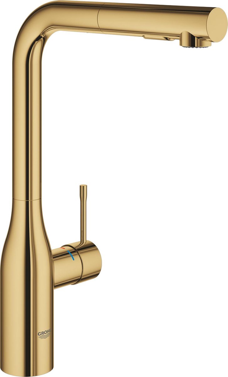 Grohe Essence neue Küchenarmatur – hoher Auslauf – mit ausziehbarer Handbrause – Dual-Spray – Cool Sunrise (Gold)