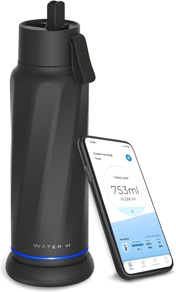 Waterh vita – intelligente Wasserflasche mit Wasser-Tracker – LED-Beleuchtung – Edelstahl – Klappdeckel + Strohhalm – 530 ml – Schwarz