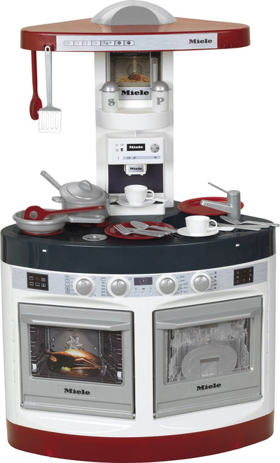 Klein Toys Miele Küchendreieck - Kochfeld, Espressomaschine, Backofen, Geschirrspüler, Dunstabzugshaube, Spüle - inkl. passendes Zubehör, Licht- und Soundeffekte - rotgrau