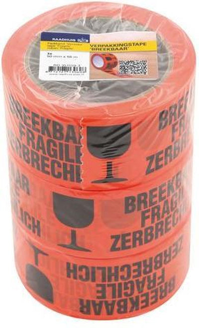 Rathaus-Verpackungsband – 50 mm x 66 m – orange – Text: zerbrechlich – 3 Rollen – rd-351159-3
