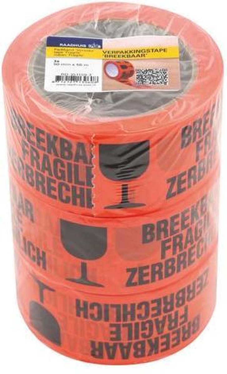 Rathaus-Verpackungsband – 50 mm x 66 m – orange – Text: zerbrechlich – 3 Rollen – rd-351159-3