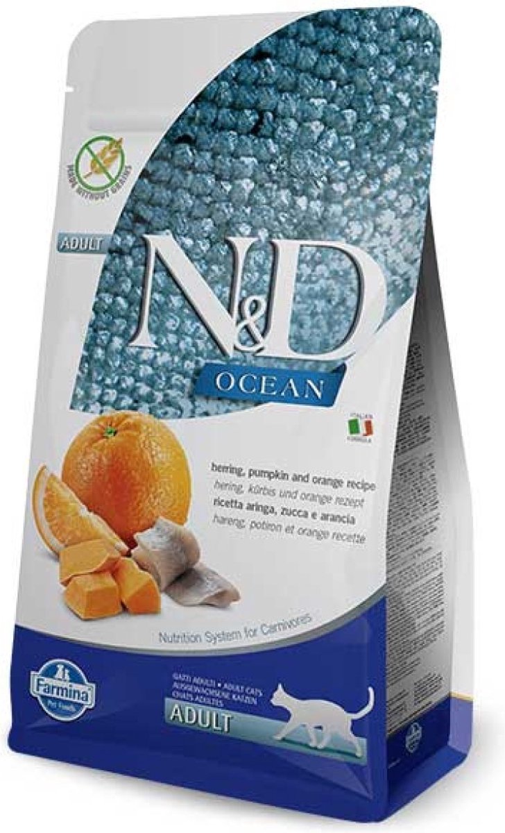 Farmina Natural Delicious Farmina and the Ocean Adult Pellets Catenfutter (Trockenfutter, mit hohen Vitaminen und natürlichen Antioxidantien, ohne Mais, Salze: Hering und Orange, Portionsgröße: 300 g)