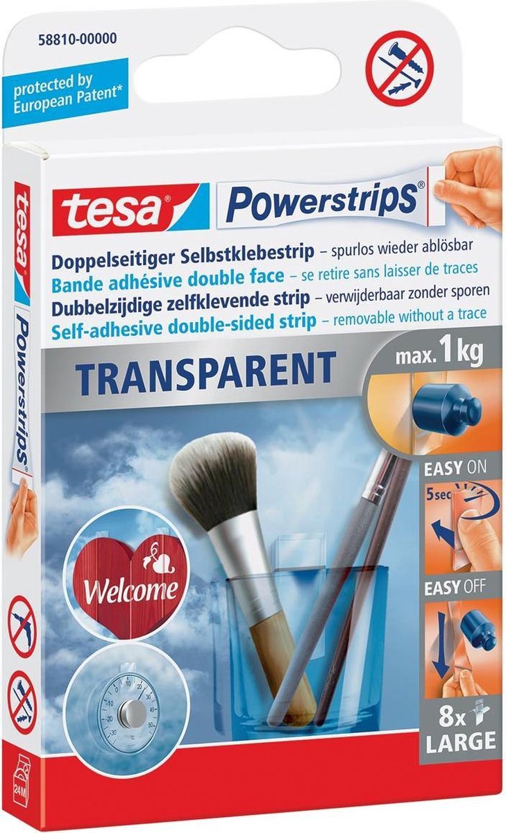 tesa powerstrips® transparent groß – Selbstklebestreifen – 8 Stück – bis 1 kg belastbar – unsichtbare Montage ohne Bohren