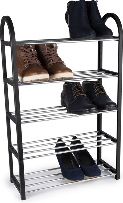 Alpina Schuhregal – 5-stöckiges Schuhregal – Lagerregal – 50 x 20 x 77 cm – Platz für 10–15 Paar Schuhe – einfacher Aufbau – Schwarz Silber