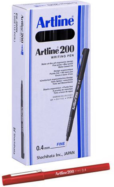 Artline 200 Marker – Box mit 12 Stück – 0,4 mm Strichstärke – rot