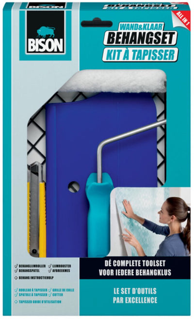 Bison Wall Ready® 5-teiliges Tapetenset inklusive Klebegitter, Tapetenkleberoller, Tapetenspachtel, Abbrechmesser, Anleitungshilfe, für alle Tapetenarten geeignet